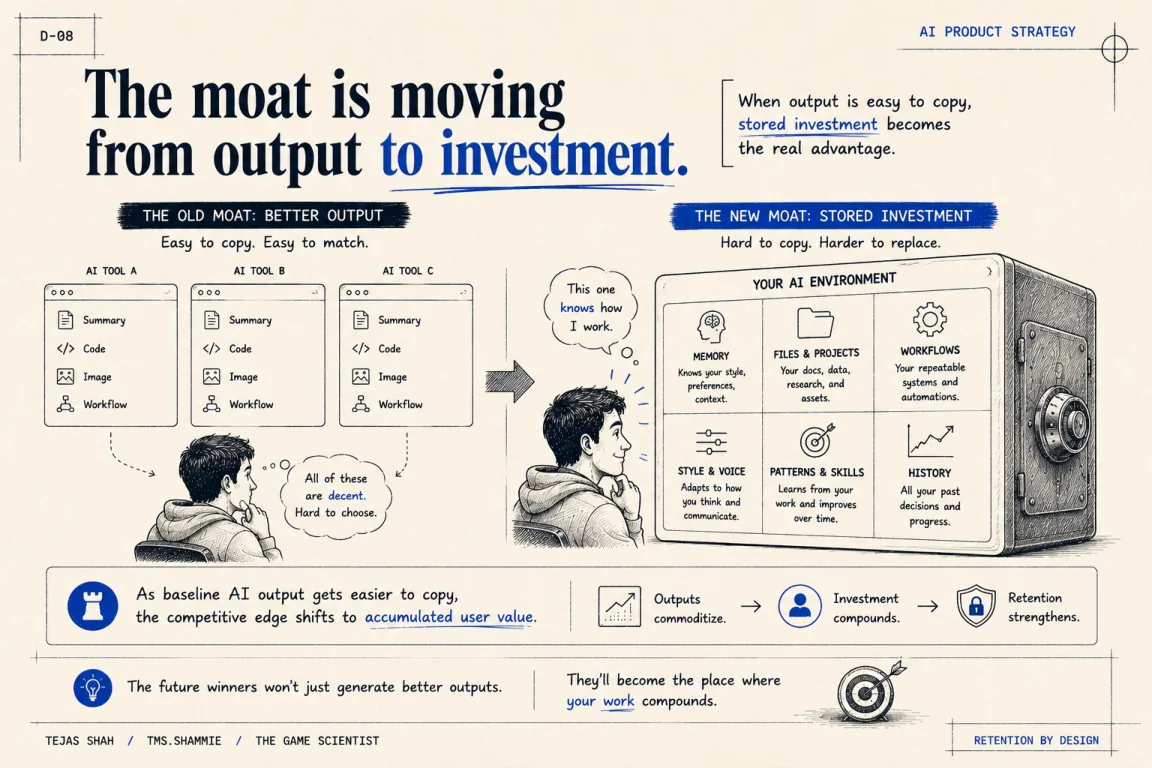 The moat is moving from output to investment — the old moat was better output (easy to copy); the new moat is stored investment: files, workflows, style, decisions, history. Harder to replace.